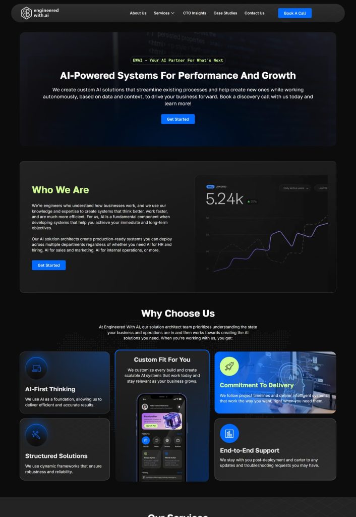 Engineered With AI site showing the dark theme and technical page sections