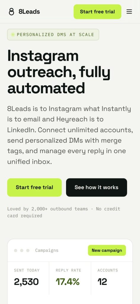 8Leads website, homepage on mobile