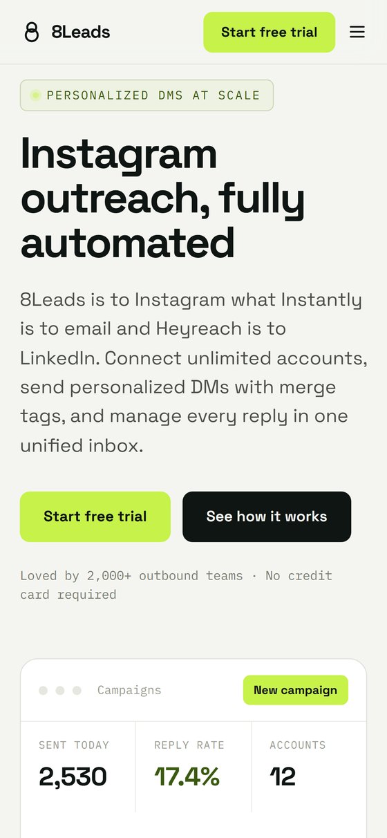 8Leads website, homepage on mobile