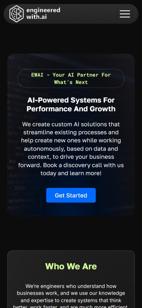 Engineered With AI website, homepage on mobile