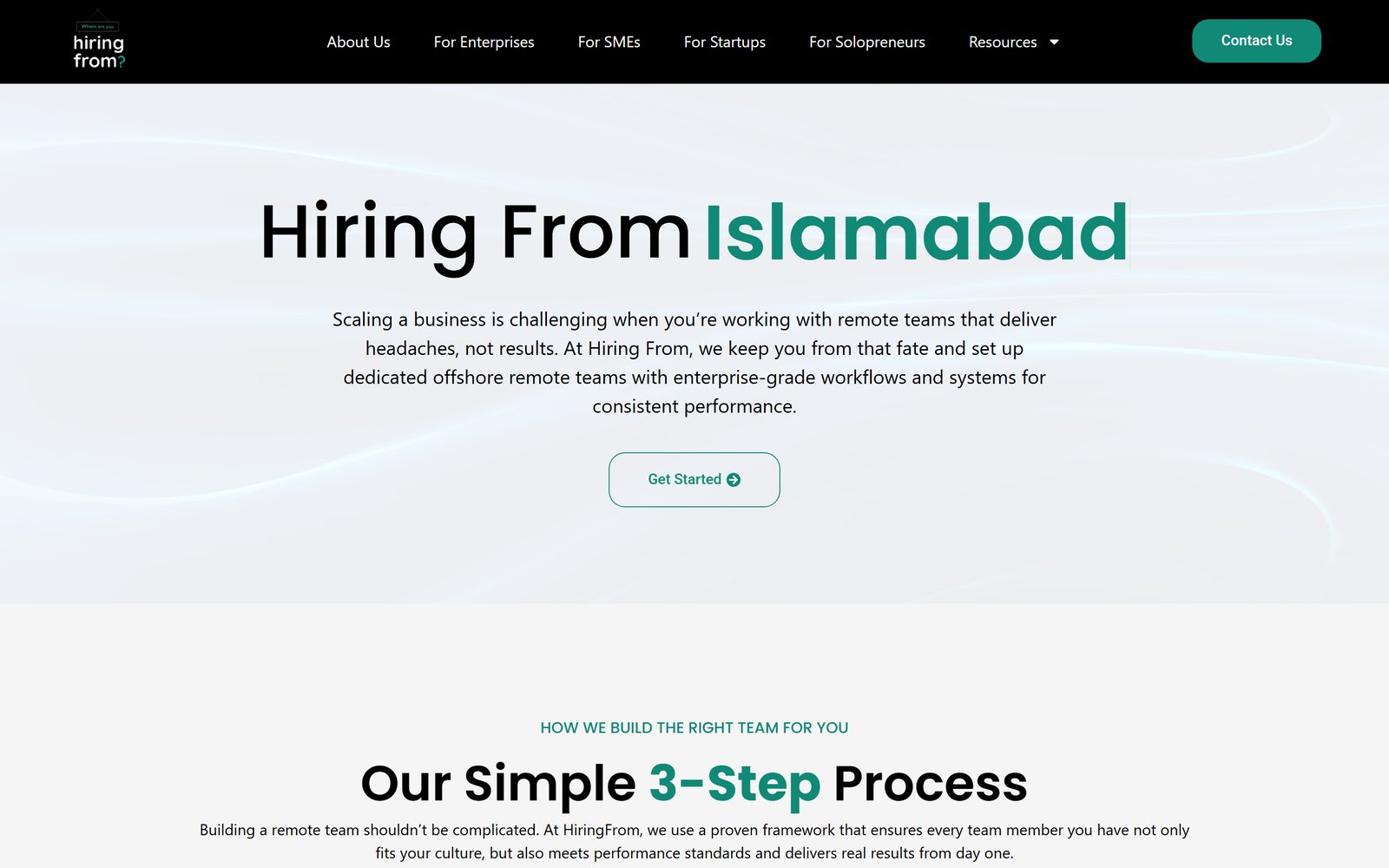Hiring From website, homepage on desktop