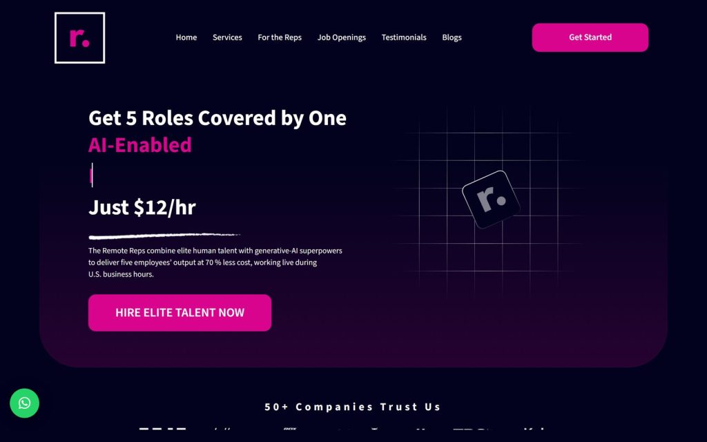 The Remote Reps website, homepage on desktop
