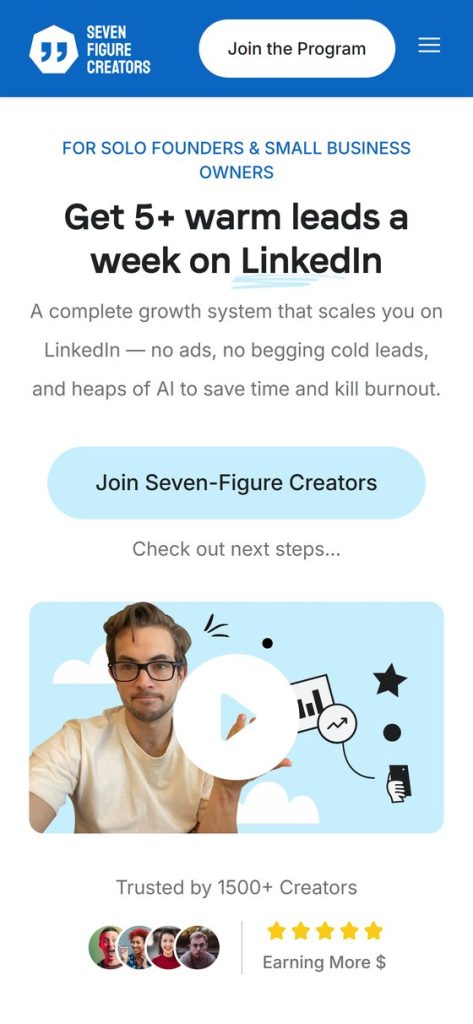 Seven Figure Creators website, homepage on mobile